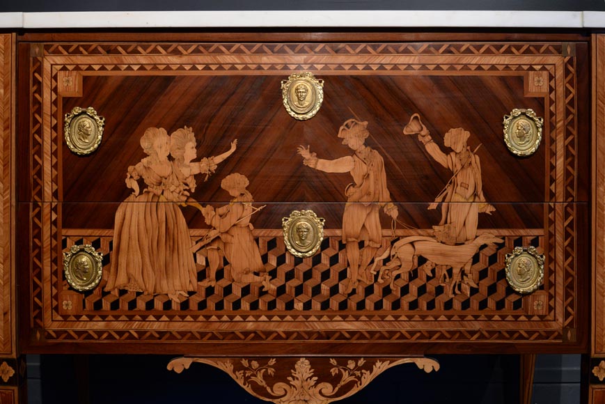 Giuseppe MAGGIOLINI (1738 – 1814)(Entourage de),Remarquable paire de commodes néoclassiques à décor de marqueterie présentant un « Départ pour la chasse » et un « Retour de la chasse », début du XIXe siècle-4