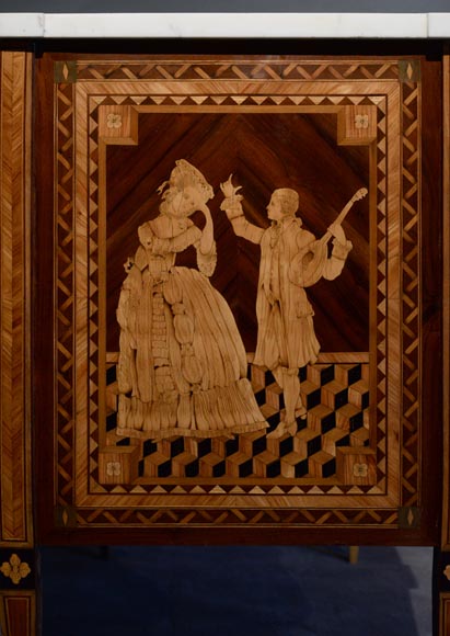 Giuseppe MAGGIOLINI (1738 – 1814)(Entourage de),Remarquable paire de commodes néoclassiques à décor de marqueterie présentant un « Départ pour la chasse » et un « Retour de la chasse », début du XIXe siècle-5