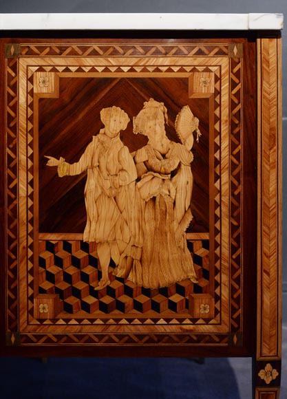 Giuseppe MAGGIOLINI (1738 – 1814)(Entourage de),Remarquable paire de commodes néoclassiques à décor de marqueterie présentant un « Départ pour la chasse » et un « Retour de la chasse », début du XIXe siècle-6