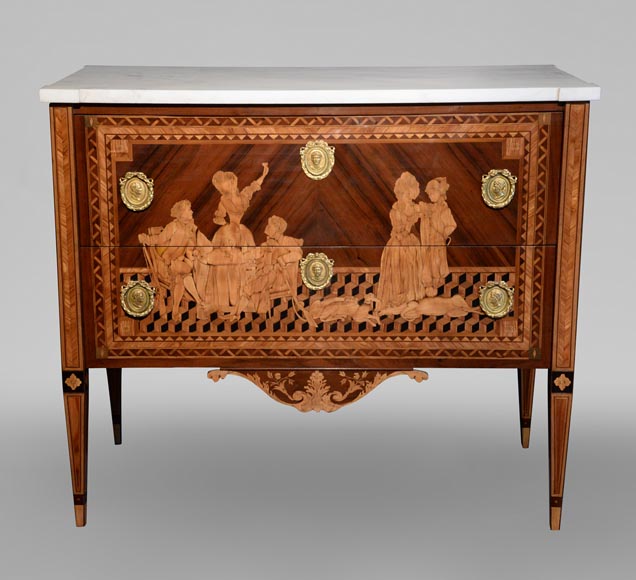 Giuseppe MAGGIOLINI (1738 – 1814)(Entourage de),Remarquable paire de commodes néoclassiques à décor de marqueterie présentant un « Départ pour la chasse » et un « Retour de la chasse », début du XIXe siècle-7