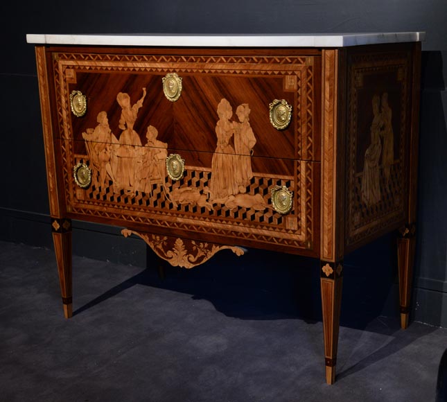 Giuseppe MAGGIOLINI (1738 – 1814)(Entourage de),Remarquable paire de commodes néoclassiques à décor de marqueterie présentant un « Départ pour la chasse » et un « Retour de la chasse », début du XIXe siècle-9