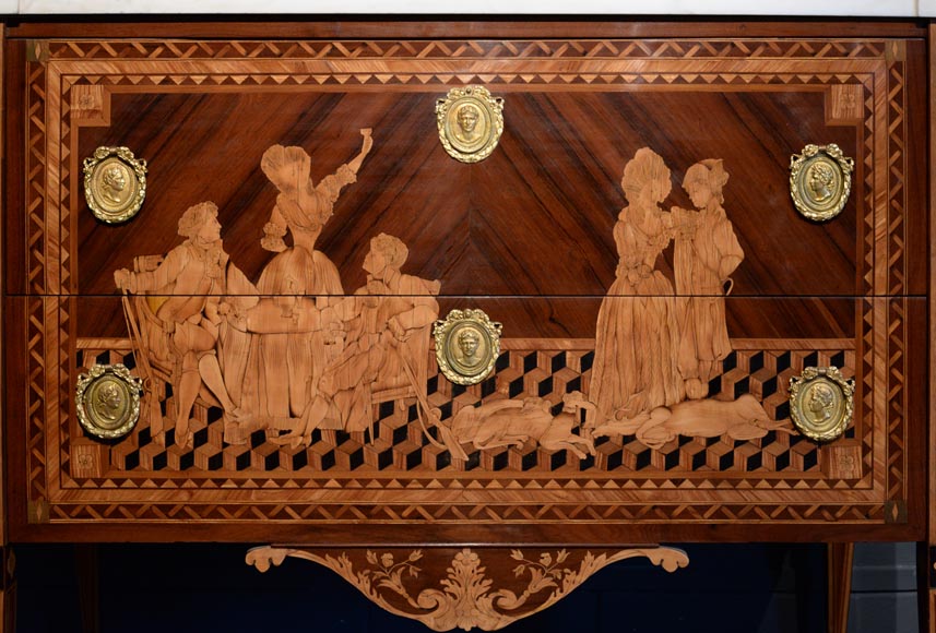 Giuseppe MAGGIOLINI (1738 – 1814)(Entourage de),Remarquable paire de commodes néoclassiques à décor de marqueterie présentant un « Départ pour la chasse » et un « Retour de la chasse », début du XIXe siècle-10