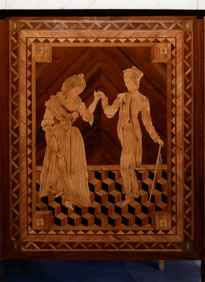 Giuseppe MAGGIOLINI (1738 – 1814)(Entourage de),Remarquable paire de commodes néoclassiques à décor de marqueterie présentant un « Départ pour la chasse » et un « Retour de la chasse », début du XIXe siècle-11