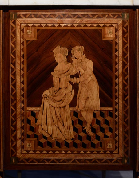 Giuseppe MAGGIOLINI (1738 – 1814)(Entourage de),Remarquable paire de commodes néoclassiques à décor de marqueterie présentant un « Départ pour la chasse » et un « Retour de la chasse », début du XIXe siècle-12