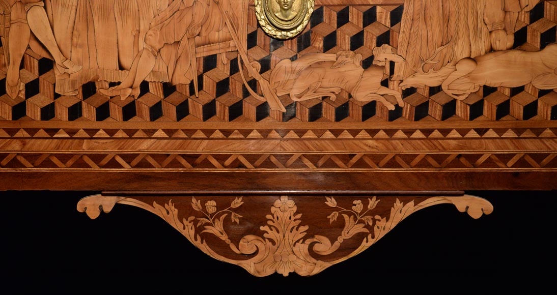 Giuseppe MAGGIOLINI (1738 – 1814)(Entourage de),Remarquable paire de commodes néoclassiques à décor de marqueterie présentant un « Départ pour la chasse » et un « Retour de la chasse », début du XIXe siècle-15