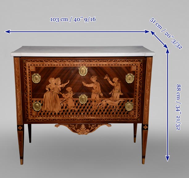 Giuseppe MAGGIOLINI (1738 – 1814)(Entourage de),Remarquable paire de commodes néoclassiques à décor de marqueterie présentant un « Départ pour la chasse » et un « Retour de la chasse », début du XIXe siècle-17