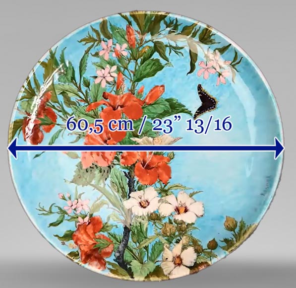 Théodore DECK, plat en faïence émaillée à décor d'hibiscus et de quisqualis-8