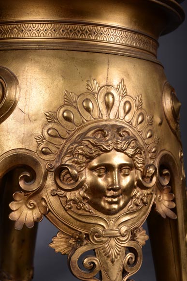Constant SEVIN (attr. à), Très belle colonne en bronze doré à décor de mascarons et plateau en marbre vert d'Estour, deuxième moitié du XIXe siècle -3