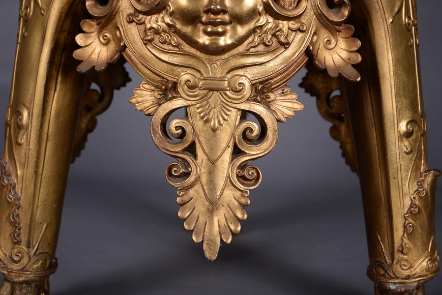 Constant SEVIN (attr. à), Très belle colonne en bronze doré à décor de mascarons et plateau en marbre vert d'Estour, deuxième moitié du XIXe siècle -4