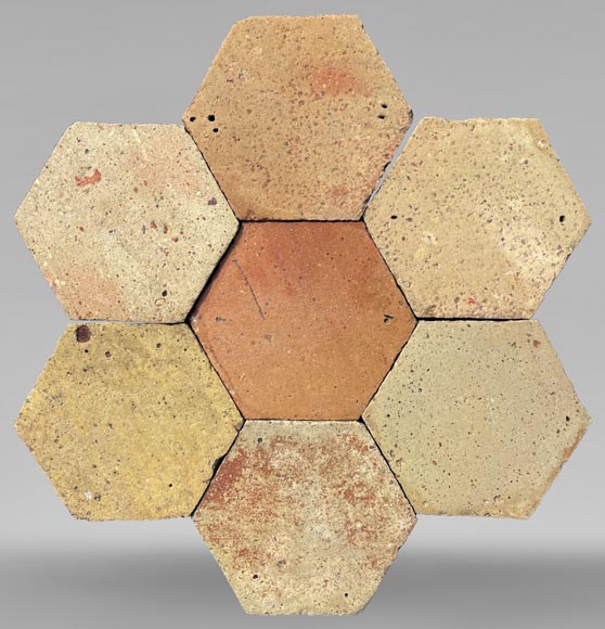 Lot d'environ 4,7 m² de dalles hexagonales anciennes en terre cuite, XIXe siècle-0