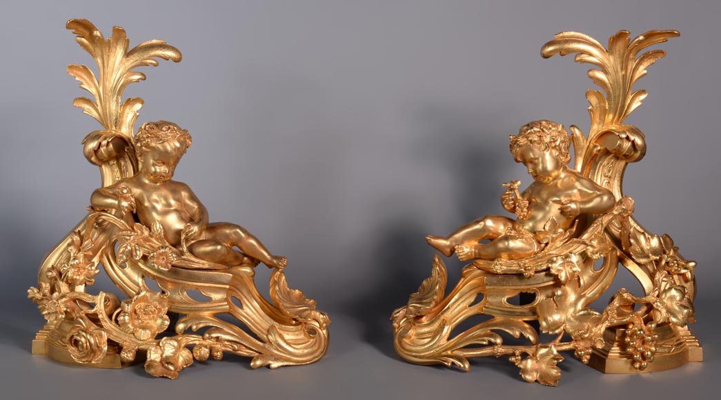 Paire de chenets Napoléon III en bronze doré représentant Vénus et Bacchus enfant -0