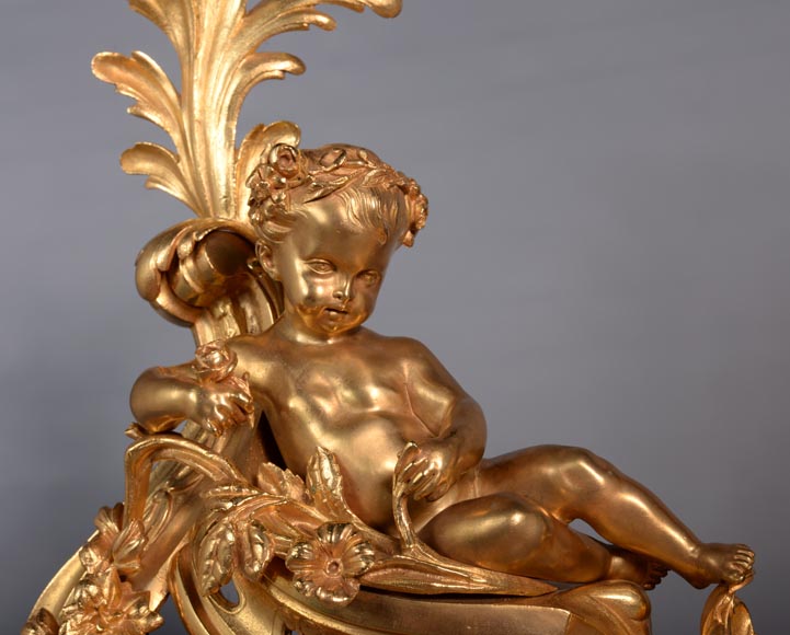 Paire de chenets Napoléon III en bronze doré représentant Vénus et Bacchus enfant -2