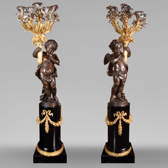 Auguste-Louis Marquis (bronzier) pour la Maison GIROUX - Paire de torchères à 9 lumières en bronze doré, argenté et patiné, vers 1855-0