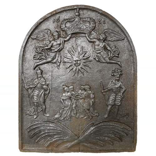 Plaque de cheminée en fonte avec un décor de symboles français anciens