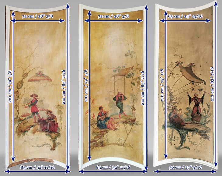 Ensemble de trois panneaux peints galbés au décor de chinoiseries-19