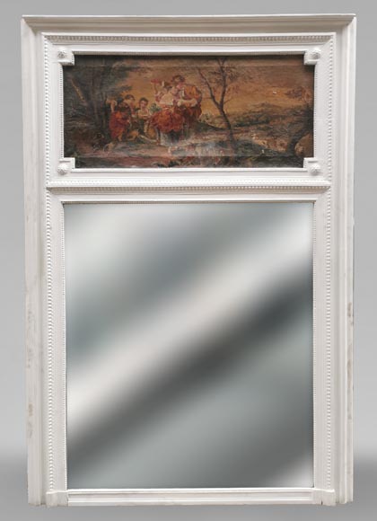 Petit trumeau de style Louis XVI avec huile sur toile représentant une scène galante-0