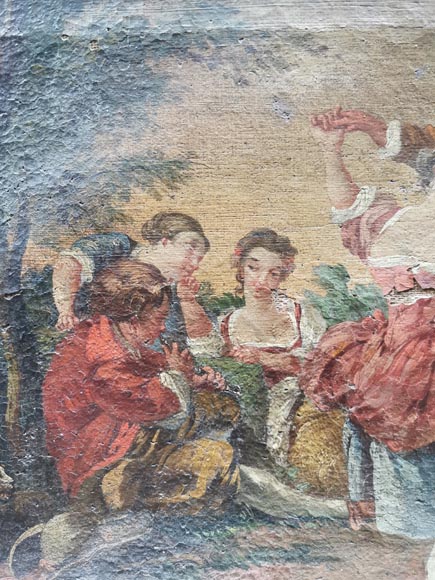Petit trumeau de style Louis XVI avec huile sur toile représentant une scène galante-5