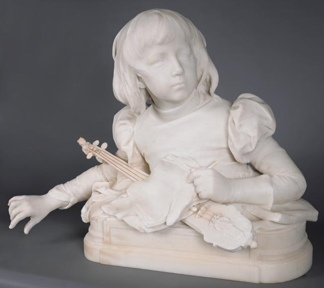 René ROZET, « Jeune musicien à la mandoline » Sculpture en marbre de Carrare, fin du XIXe siècle-1