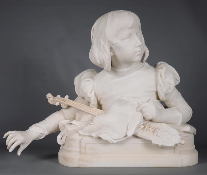 René ROZET, « Jeune musicien à la mandoline » Sculpture en marbre de Carrare, fin du XIXe siècle-2
