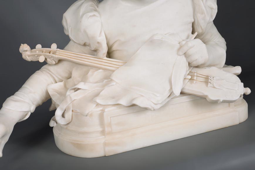 René ROZET, « Jeune musicien à la mandoline » Sculpture en marbre de Carrare, fin du XIXe siècle-6