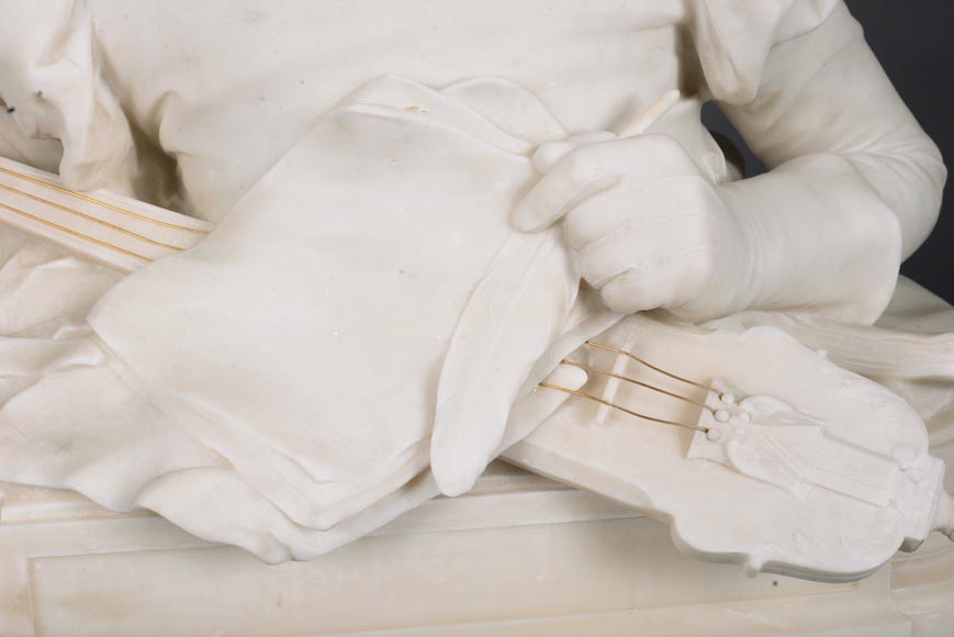 René ROZET, « Jeune musicien à la mandoline » Sculpture en marbre de Carrare, fin du XIXe siècle-7