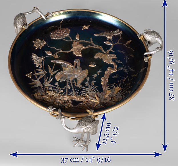 Maison GIROUX et Ferdinand DUVINAGE - Exceptionnelle et rare coupe aux échassiers en verre irisé et décor de galvanoplastie, vers 1870-1880-12