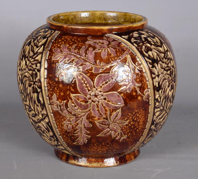 Fernand THESMAR, Cache pot en céramique émaillée au décor floral-3