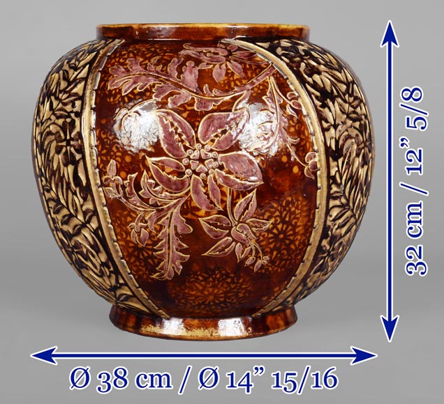 Fernand THESMAR, Cache pot en céramique émaillée au décor floral-10