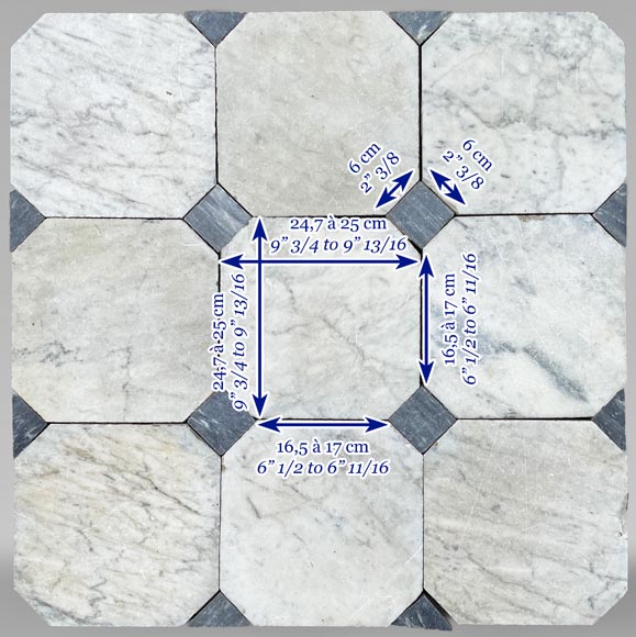 Lot de sol d'environ 8,5m² en marbre de Carrare et cabochons en marbre Bleu Turquin-7