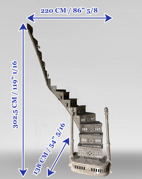 Escalier double quart tournant et passerelle en fonte et fer forgé, 1865-14