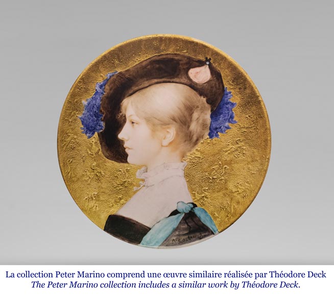 Théodore DECK, plat à fond bleu au buste féminin de profil, seconde moitié du XIXe siècle-5