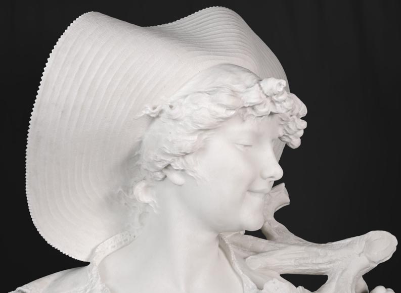 F. SAUL - Jeune fille au chapeau dans les vignes, buste sculpté en marbre de carrare-3