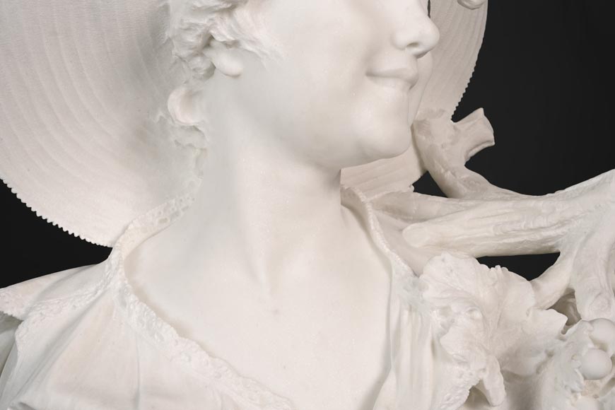 F. SAUL - Jeune fille au chapeau dans les vignes, buste sculpté en marbre de carrare-6