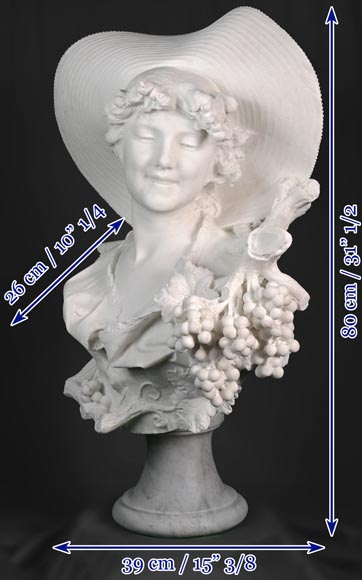 F. SAUL - Jeune fille au chapeau dans les vignes, buste sculpté en marbre de carrare-13