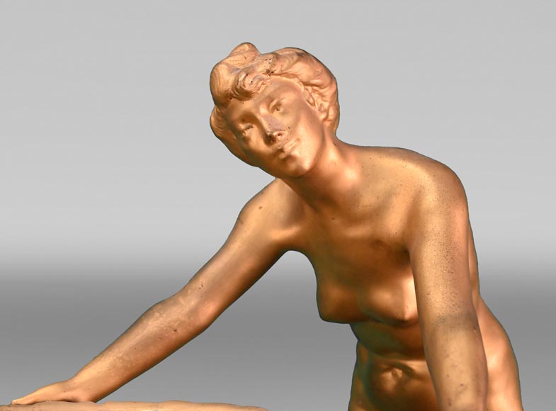 Auguste LEDRU (sculpteur) et Émile COLIN (éditeur), Grand vase en grès émaillé aux mascarons et figures féminines en bronze doré, vers 1902-4