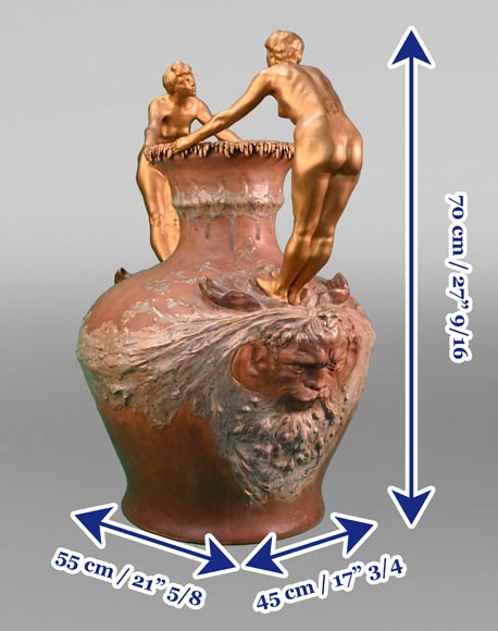 Auguste LEDRU (sculpteur) et Émile COLIN (éditeur), Grand vase en grès émaillé aux mascarons et figures féminines en bronze doré, vers 1902-10