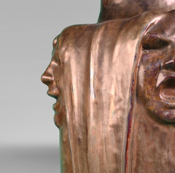Jean-Désiré Ringel d’Illzach (sculpteur), Léon Elchinger (céramiste), Vase en grès aux quatre visages d’expression, début du XXe siècle-5