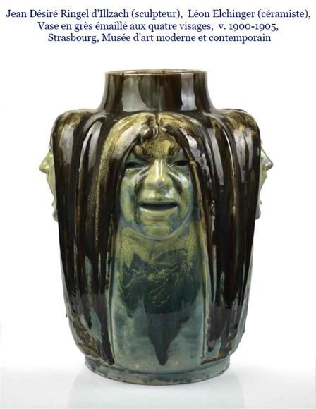 Jean-Désiré Ringel d’Illzach (sculpteur), Léon Elchinger (céramiste), Vase en grès aux quatre visages d’expression, début du XXe siècle-8
