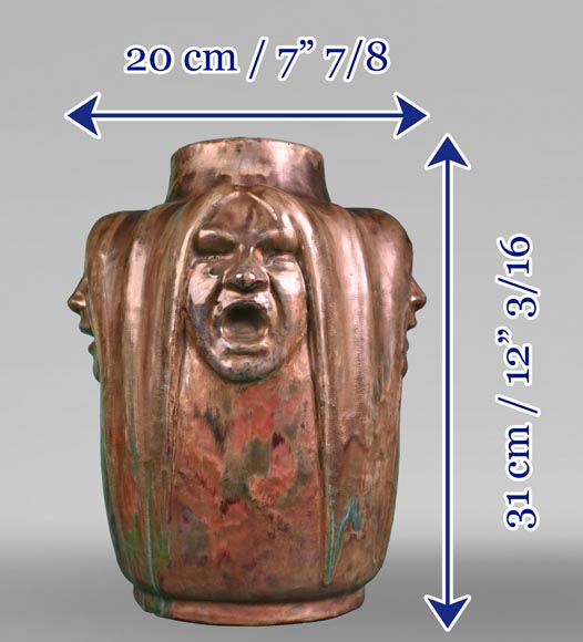 Jean-Désiré Ringel d’Illzach (sculpteur), Léon Elchinger (céramiste), Vase en grès aux quatre visages d’expression, début du XXe siècle-9