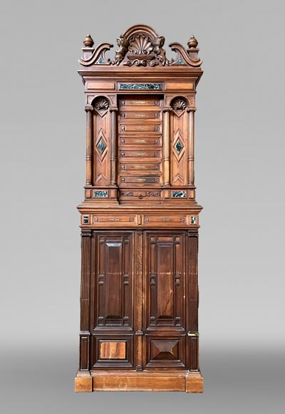 Cabinet d’apparat néo-Renaissance d’époque Napoléon III, noyer sculpté et inserts de marbre vert de me-0