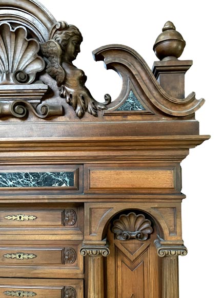 Cabinet d’apparat néo-Renaissance d’époque Napoléon III, noyer sculpté et inserts de marbre vert de me-3