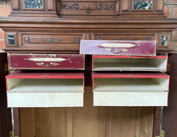 Cabinet d’apparat néo-Renaissance d’époque Napoléon III, noyer sculpté et inserts de marbre vert de me-7