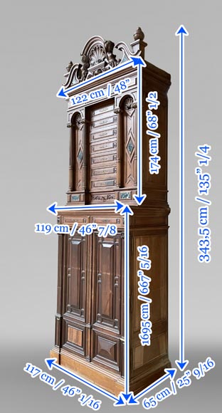 Cabinet d’apparat néo-Renaissance d’époque Napoléon III, noyer sculpté et inserts de marbre vert de me-11