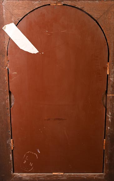 DECK Théodore, miroir monumental en chêne orné de médaillons en faïence verte-18