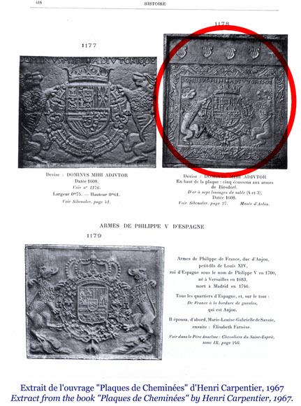 Plaque de cheminée aux armes de Phillipe II d'Espagne datée de 1608-1