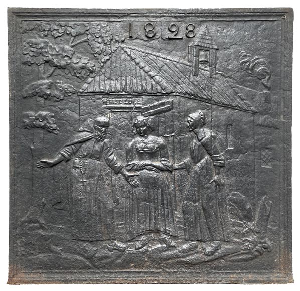 Plaque de cheminée datée de 1828 représentant une scène tirée du conte «L’Ermite  ou Frère Luce » de La Fontaine-0