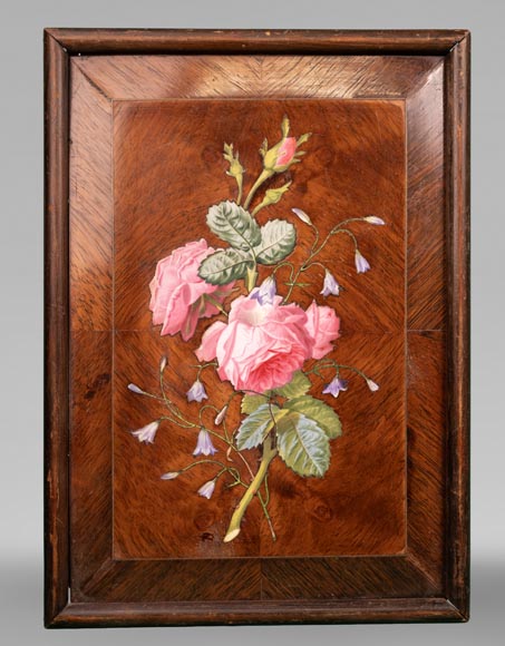 De roses et de campanules, le précieux panneau en marqueterie de porcelaine de Julien-Nicolas RIVART-0