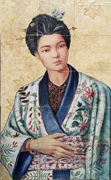 BOCH Frères (céramique), Th. FUMIETE (?), Portrait d’une dame japonaise en faïence, 1890-1