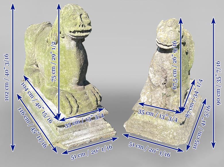 Paire de lions en pierre d'époque médiévale-19