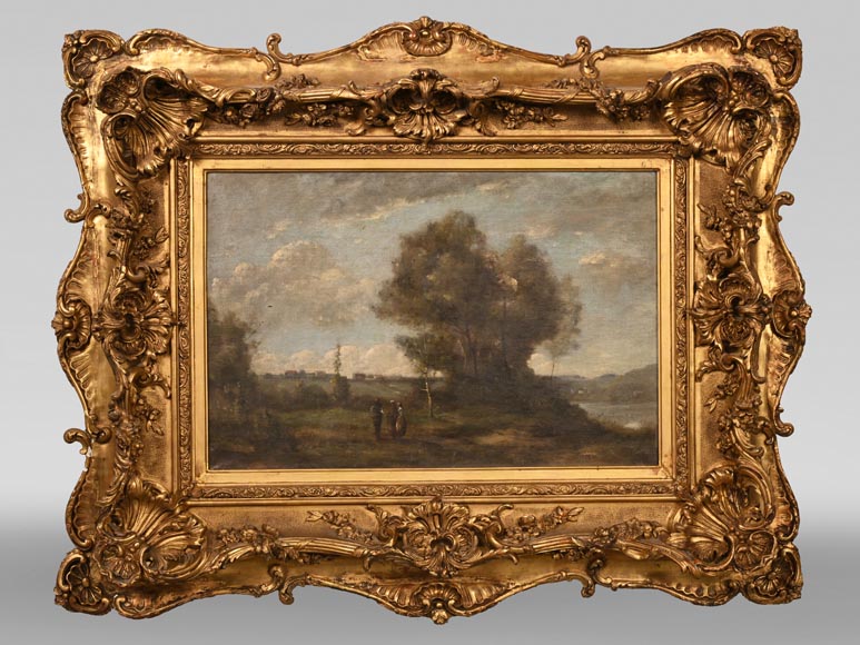 Paysage dans le style de Camille COROT avec son cadre de style rococo, XIXe siècle-0